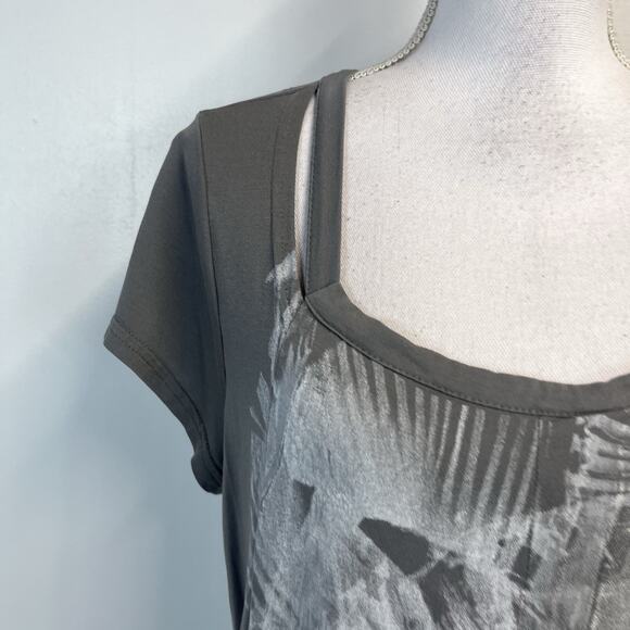 Mado et les Autres Top Women's sz L/3 Gray White Pullover Pleated Stretch Artsy - Picture 3 of 7